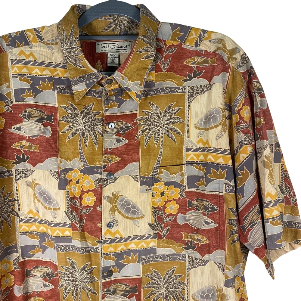 Tori Richard Cotton Lawn Hawaiian Shirt Palm Tree Turtle Print Aloha Shirt XL